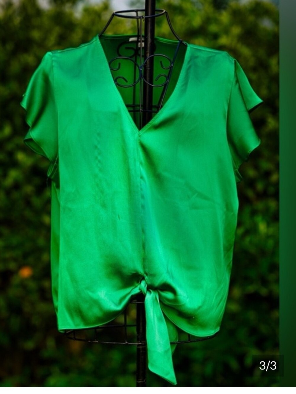 Bar III Emerald Green Satin V-Neck Tie-Front Top - Size Large